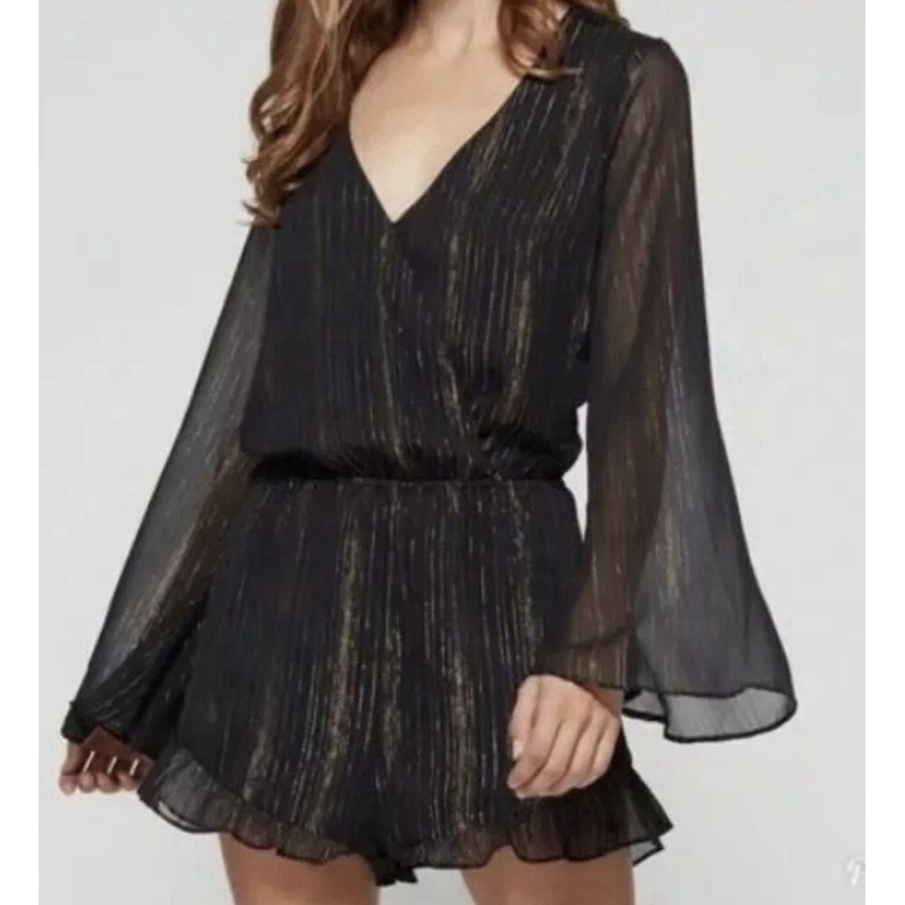 Show Me Your Mumu Loretta Romper Size S Bell Sleeve Sparkle Shine Black Metallic